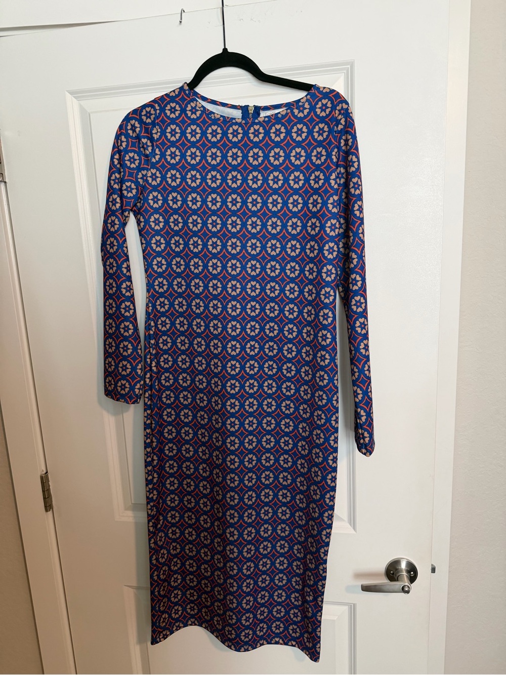 Glamorous Blue and Pink Long Sleeve Midi Dress - Geometric Motif